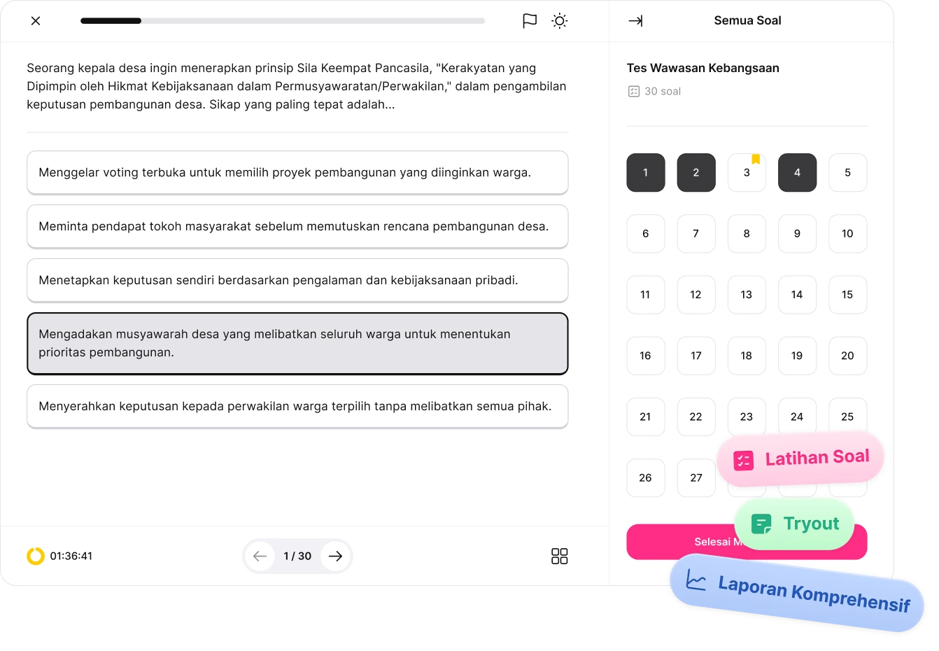 Tampilan pengerjaan soal Tes Wawasan Kebangsaan di Analitica